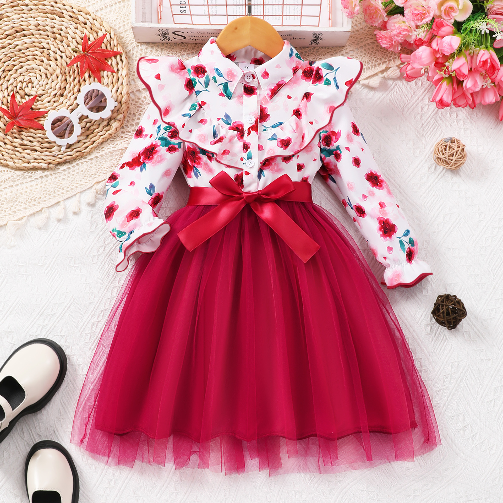 Picture of New Style Long-Sleeved Lapel Floral Print Mesh Dress for Girls and Older Children with Woven Belt