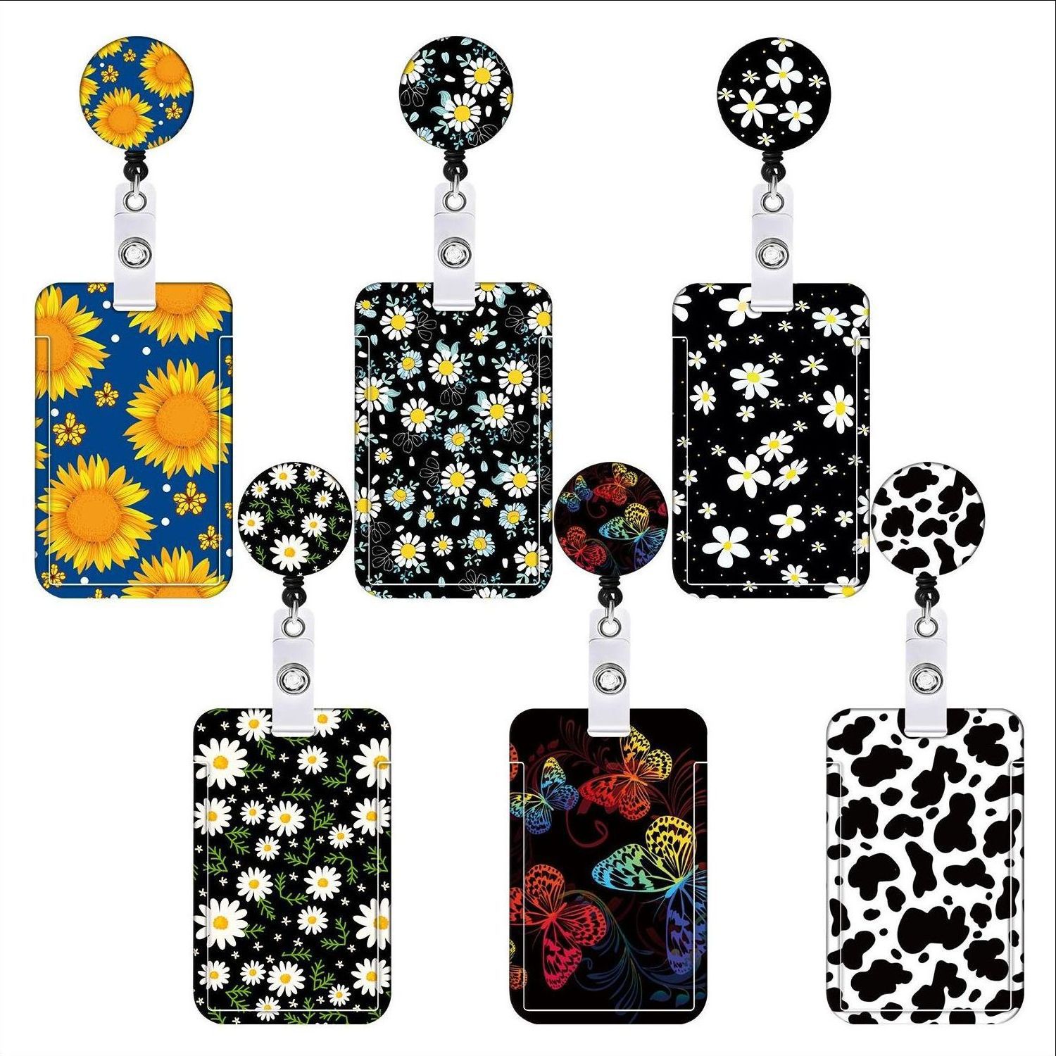 Picture of Retractable easy-pull buckle Badge clip small floral pattern ID card holder ID lanyard easy-pull telescopic buckle