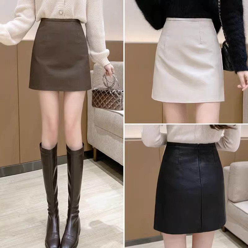 Small Leather Skirt Skirt Women's Autumn and Winter New Fashion Matte Frosted pu Leather Skirt High Waist Slim A- line Hip Skirt