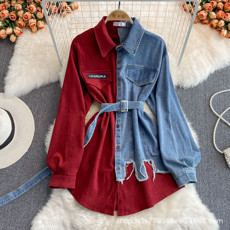 Picture of Cross-Border Denim Splicing Lapel Dress 2022 Spring and Autum New Style Waist Slimming Look Asymmetrical Mid-Length Shirt