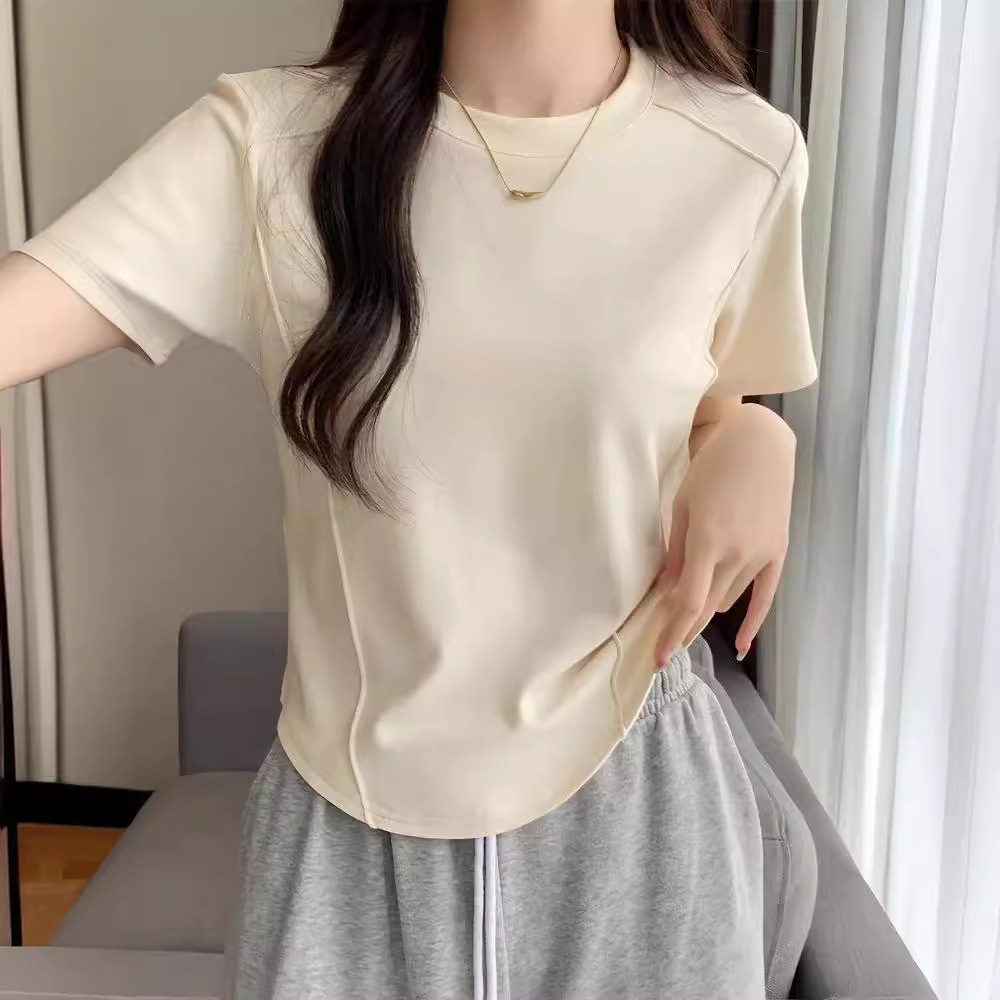 Back Bag Collar Ribbed Cotton 2025 Summer New Fashion Slim Top for Women European Fishbone Right Shoulder Short-Sleeved T-Shirt for Women