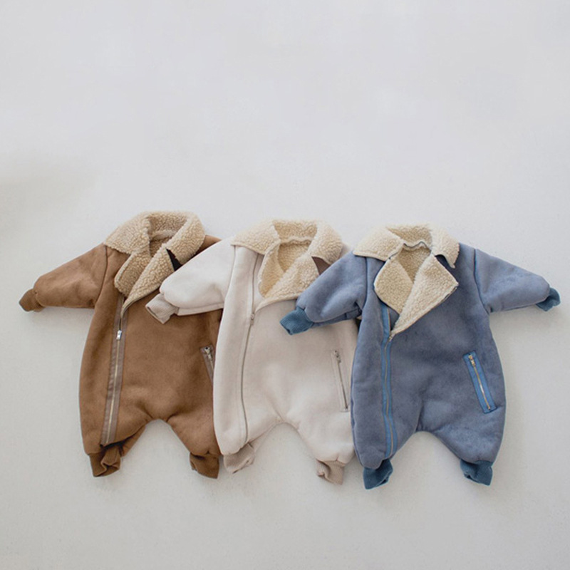Ins Korean Style Baby Boys and Girls Winter Jumpsuit Vintage Fashionable Suede Thickened Lamb Velvet Warm Long Climbing