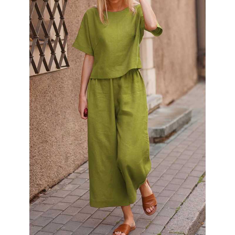 Cross-Border Aliexpress European and American Clothing Summer Linen Casual Loose Solid Color Suit Two-Piece Set
