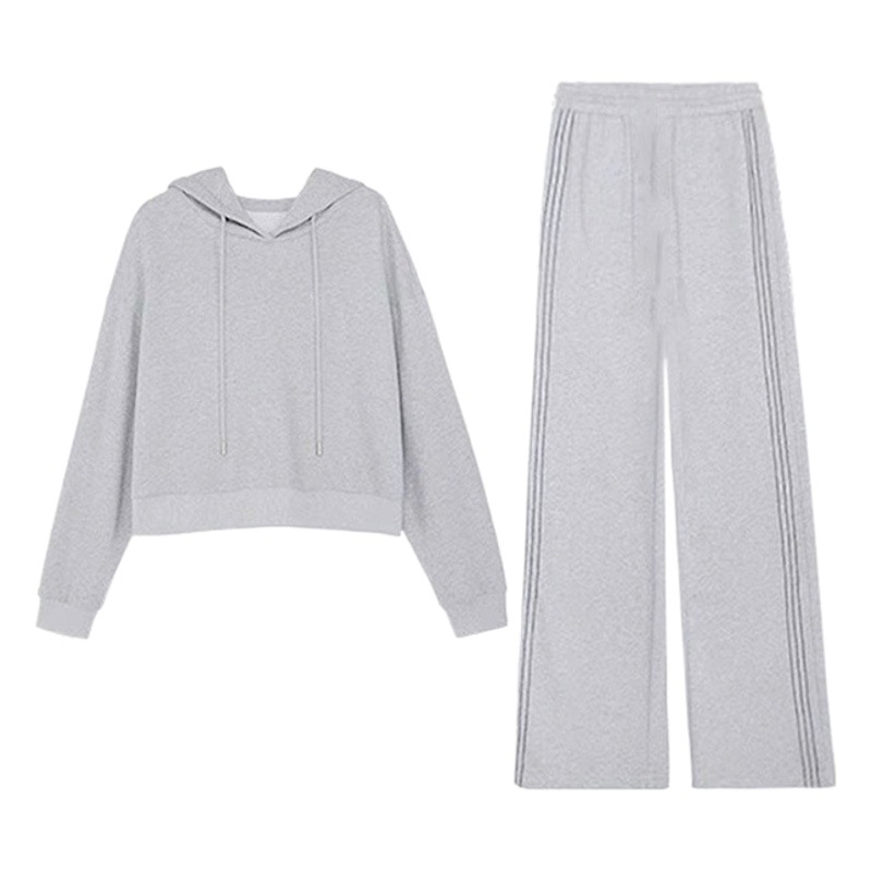 Autumn and Winter suit Contrast Wide Leg Pants Urban Casual Grey Solid Color Long Sleeve Retro Sweater Fleece Sweater suit Women