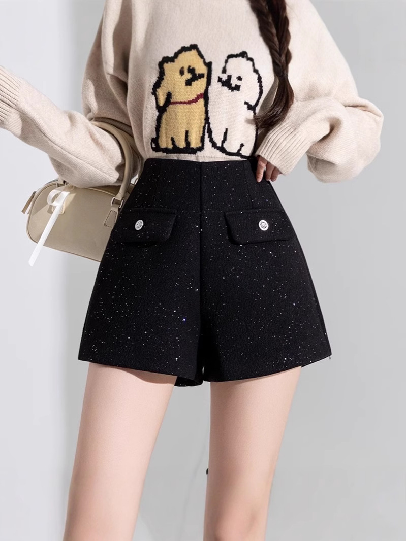 New Style Chanel Style Sparkling Sequin Casual Shorts Women's Autumn and Winter Outer Wear High Waist Slimming A- Shaped Wide-Leg Wool Boots Pants