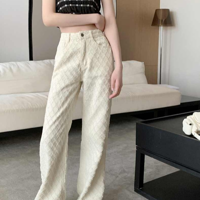 Picture of Jacquard Wide-Leg Jeans, High-Waisted, Loose, Large-Size Women's Straight-Leg Pants, Autum Versatile Fashionable Floor-Length Slim Trousers