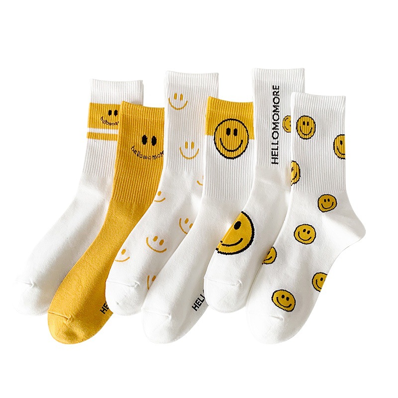 Smiley Socks Women's Mid-length Socks Cotton Spring and Autumn Can Wear Yellow Street Outfit Instagram Popular Shark Pants Spring and Autumn