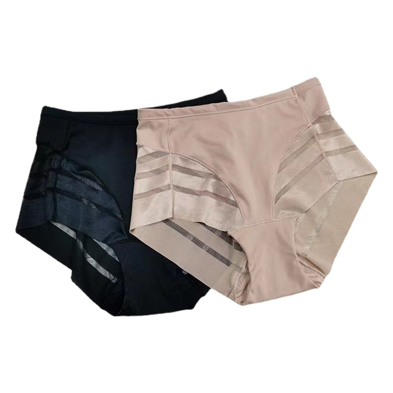 High waist sexy seamless large size women's underwear Ice Silk breathable belly hip striped cotton crotch chubby briefs