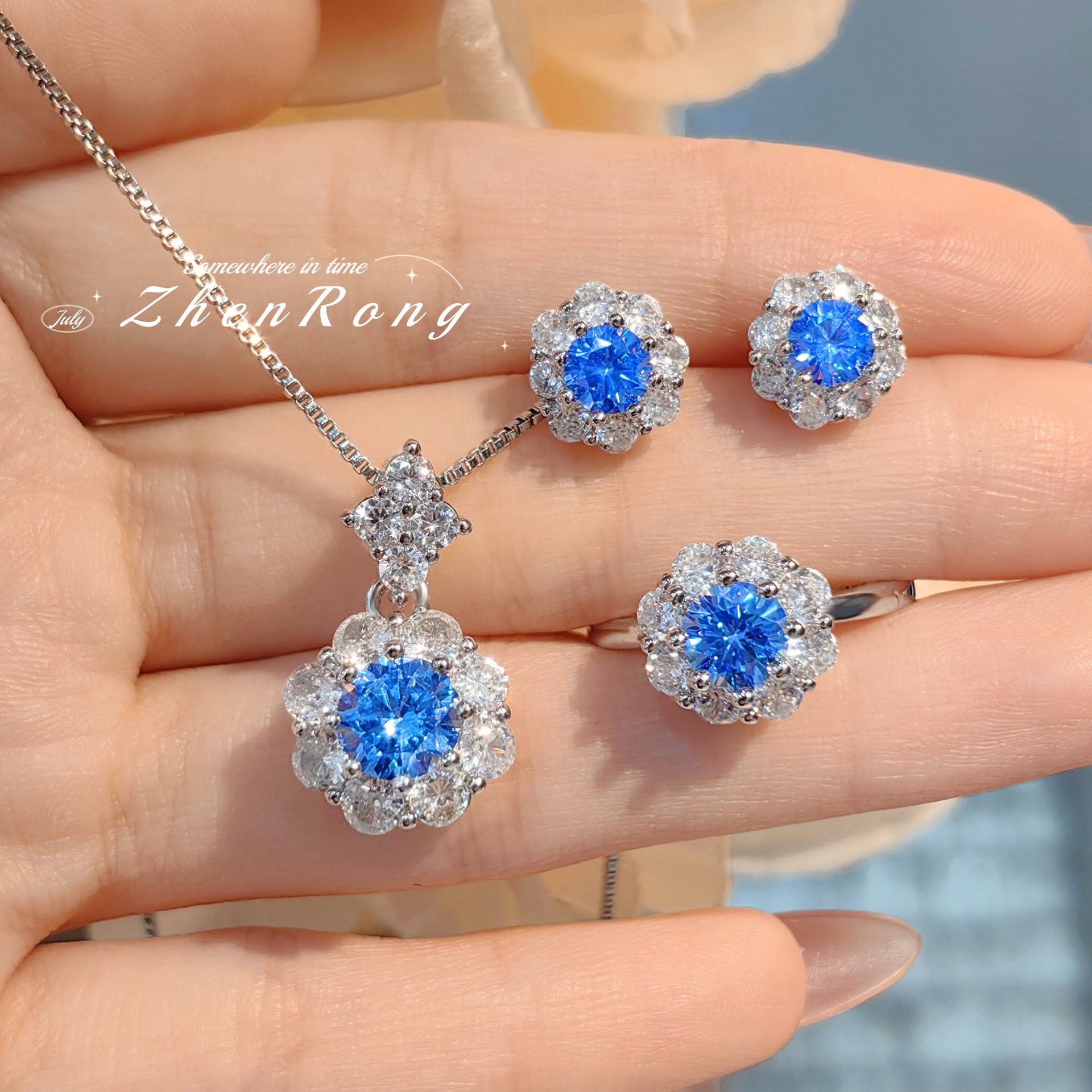 Fashion Entry Luxury Flower Bracts Color Treasure suit High Carbon Diamond Blue Diamond Pendant Plum Blossom Ring Simple Daily Earrings for Women