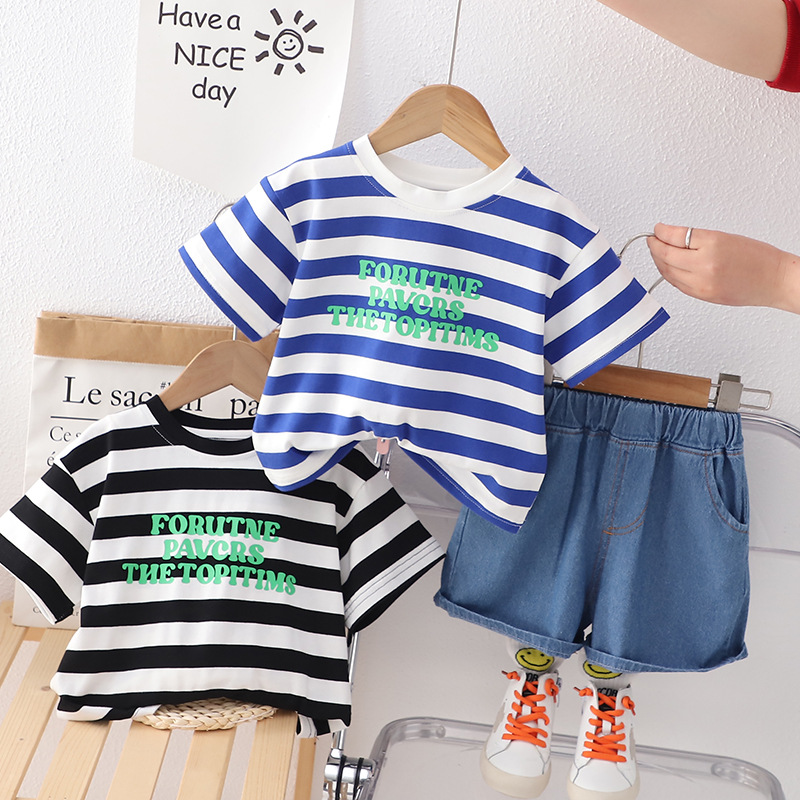 Boys' Summer Striped Short-sleeved Two-piece Suit for Male Baby Handsome Fashionable Children's Clothing Crewneck Short-sleeved Suit