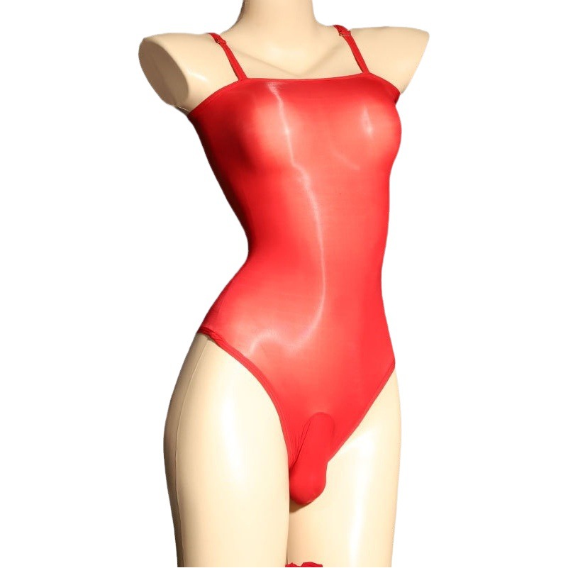 Men's Shiny Fully Transparent Seamless Tube Top Sexy Sexy Silky Reflective Belt Jj Set Tight One-Piece Swimsuit