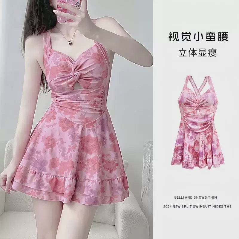 Swimsuit Women's Condole Strap Fashion Printed Skirt Style Conservative Slim-Fit Slim Backless Girls' Swimsuit Hot Spring Vacation