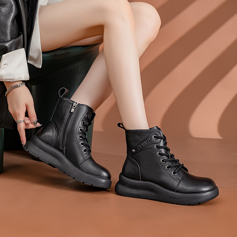 Autumn 2024 New Genuine Leather Thick-soled Martin Boots Women's British-style Heightened Short Boots Retro All-match Motorcycle Boots