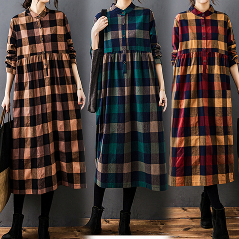 Vintage 2023 Spring and Autumn New Fashion Long Sleeve Plaid Stitching Cotton Linen Loose plus size Long Dress