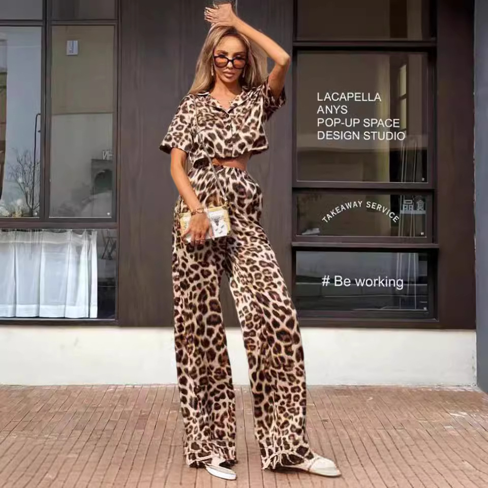 2024 cross-border Amazon new European and American women's fashion cardigan leopard print pajamas can be worn outside home clothes