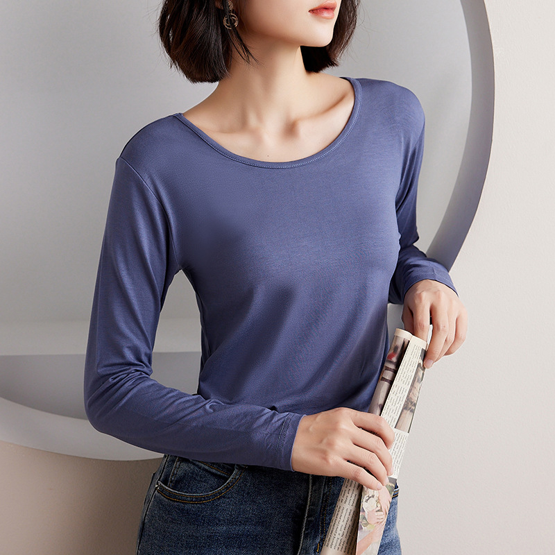 Picture of Women's Round Neck Inner Base Shirt for Autumn and Winter plus size Thin Autumn Clothes Solid Color Underwear Long-sleeved T-shirt for Women