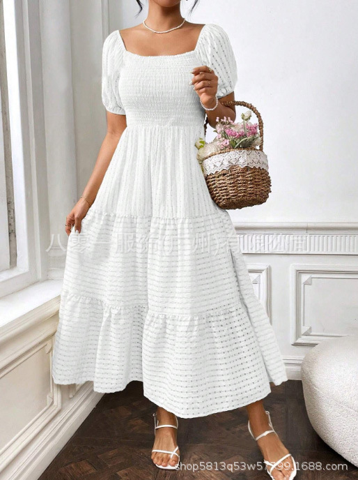2025 summer new Amazon cross-border Europe and the United States solid color hollow U-collar bubble sleeve dress women's in stock