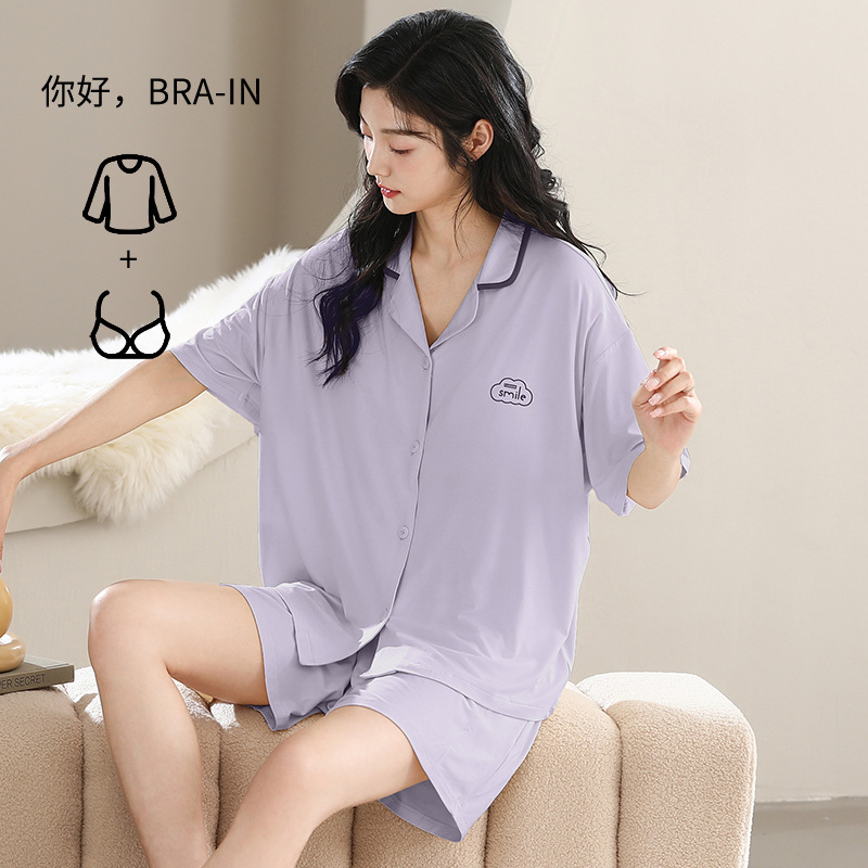 Modal Pajamas Women's Summer Simple Lapel Cardigan with Chest Pad Short Sleeve Shorts Solid Color Casual Wear Two-piece Suit