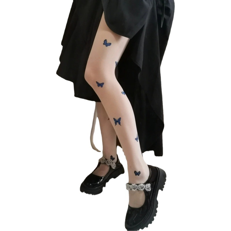 ins Red Riding Book Same Style Blue Butterfly Printed Silk Stockings Japanese Style Vintage Milk White Core-spun Silk Pantyhose Black Silk