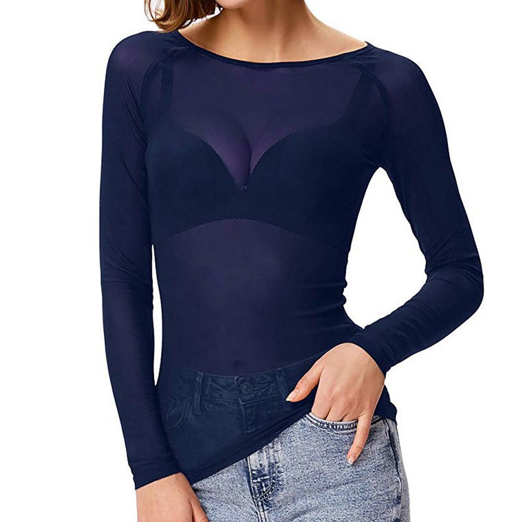 Picture of Autumn 2023 Black Transparent Mesh Base Shirt Women's Long-sleeved Sexy Perspective Thin Mesh Shirt Super-stretch Shirt