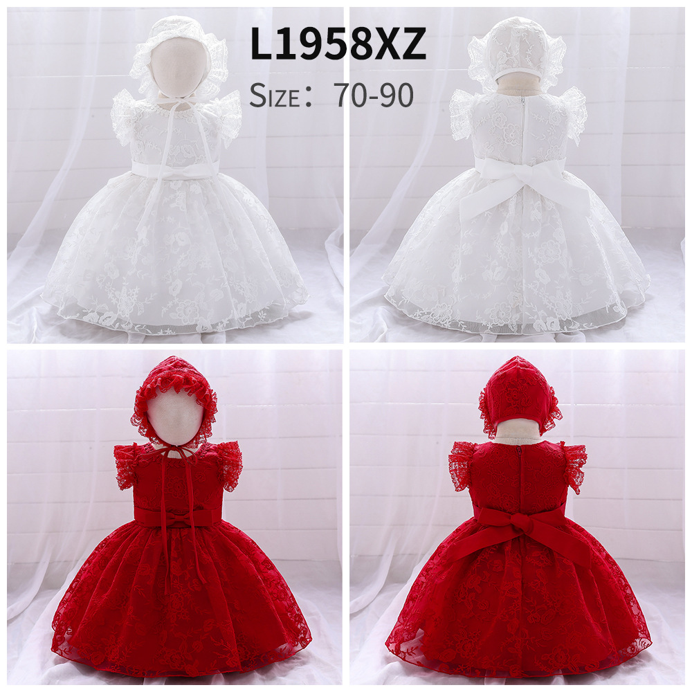 European and American Amazon New Girl's White Lace Bow Flower Girl Princess Dress Baby One-Year Old Dress Birthday Dress