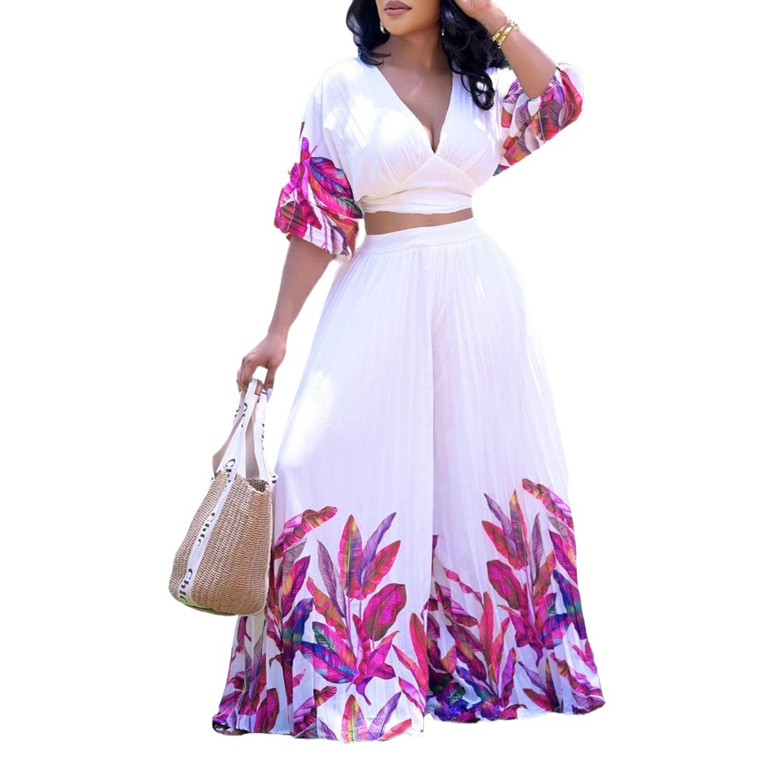 C8522 Independent Station European and American Women's Summer New Fashion V-neck Printed Top Wide Leg Pants Two-piece Foreign Trade Suit
