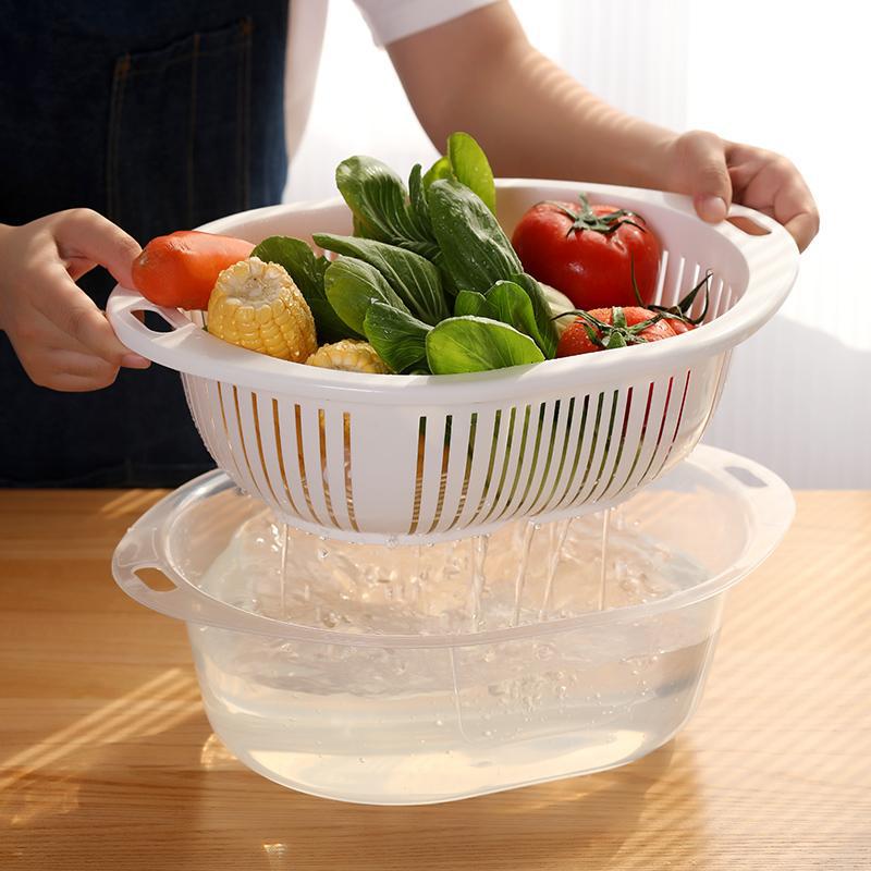 Picture of Double-Layer Covered Sink Drain Basket Kitchen Home Living Room Multi-Functional Bowl Plastic Fruit Plate Fruit Basket Large