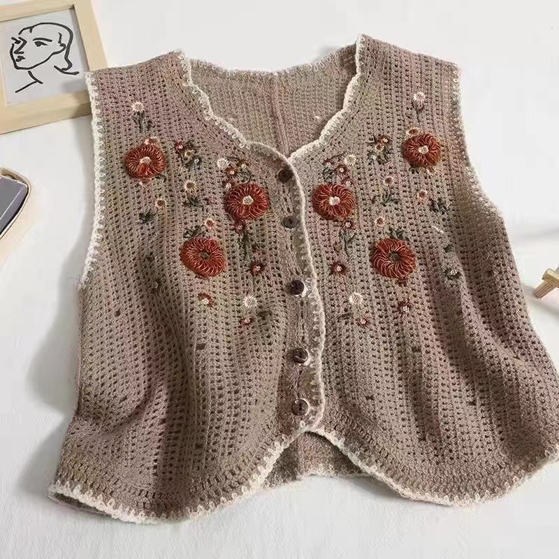 Picture of Autumn and Winter Short Sleeveless Small Flower Embroidered Single Row Multi-Buckle Vest Women's Outer Wear Fashionable Hollow Crochet Top Cardigan