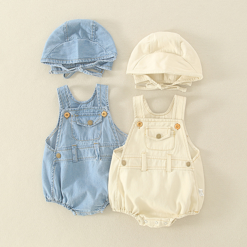 Picture of ins Summer Baby Boys and Girls Baby Light Denim Hat Two-Piece Triangle Climbing Suit
