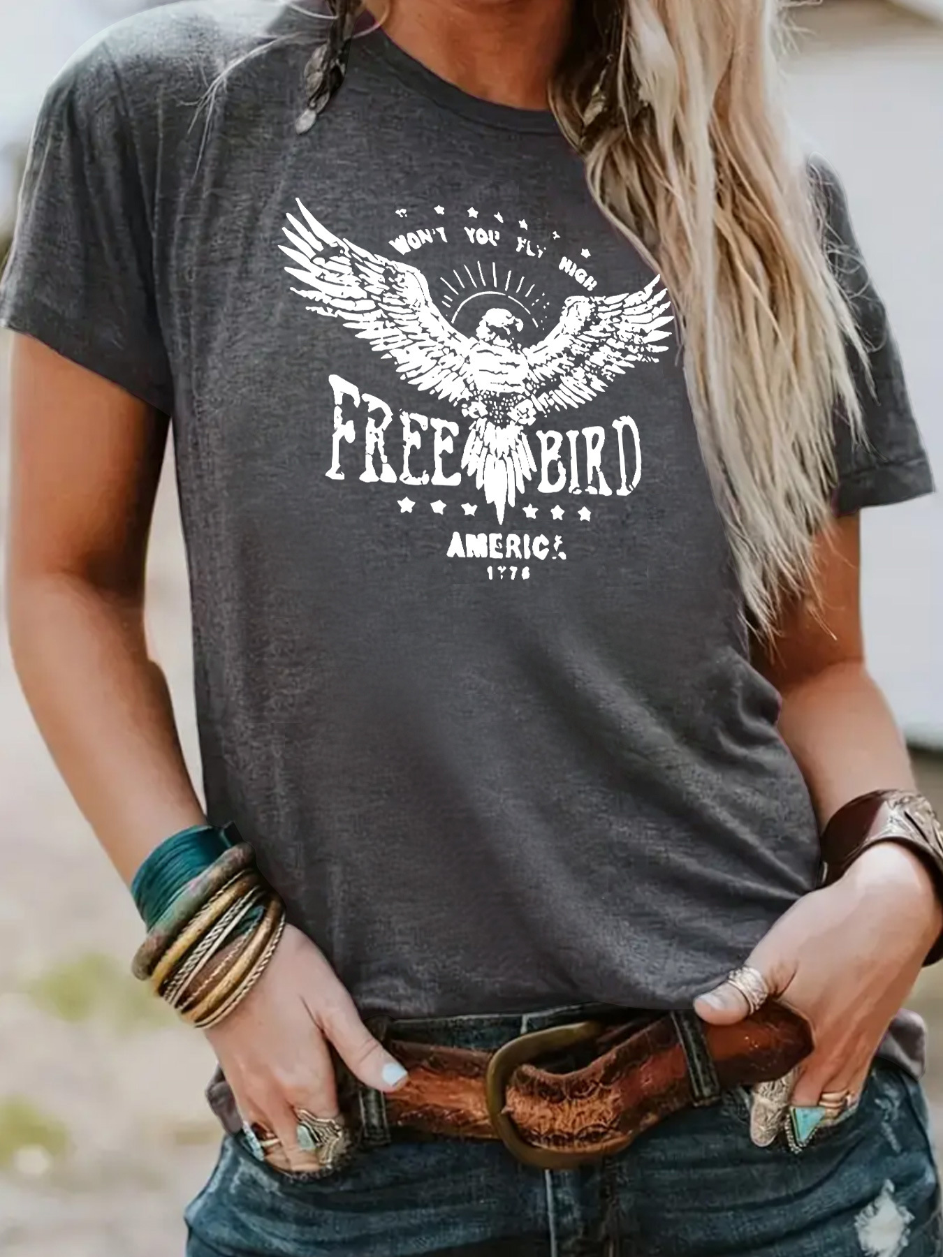 Picture of European and American independent station cross-border temperament T-shirt female in stock FREE BIRD eagle printing summer new short sleeve wholesale
