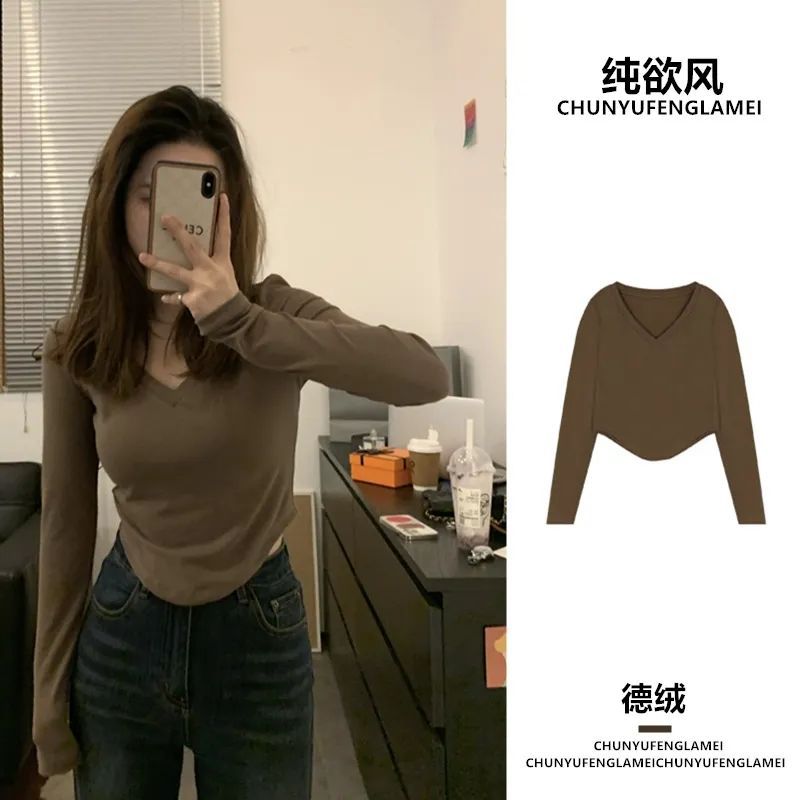 Velvet V-Neck Tight Shoulder Long-Sleeved T-Shirt Women's Inner Base Shirt Slim-Fit Slimming Tight Waist Black Short Top Shirt