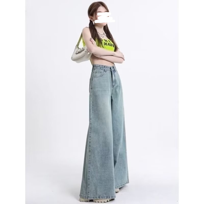 American Style Retro Large Swing Wide Leg Jeans Women's Autumn New High Waist Loose Flesh Covering Slimming Wide Leg Pants