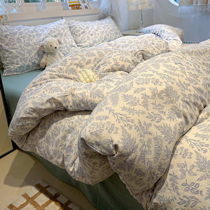 Class A Double-layer Yarn Washed Cotton Four-piece Set Single High-grade Feeling Bed Sheet Quilt Cover Pure Cotton Three-piece Set Bed Cover