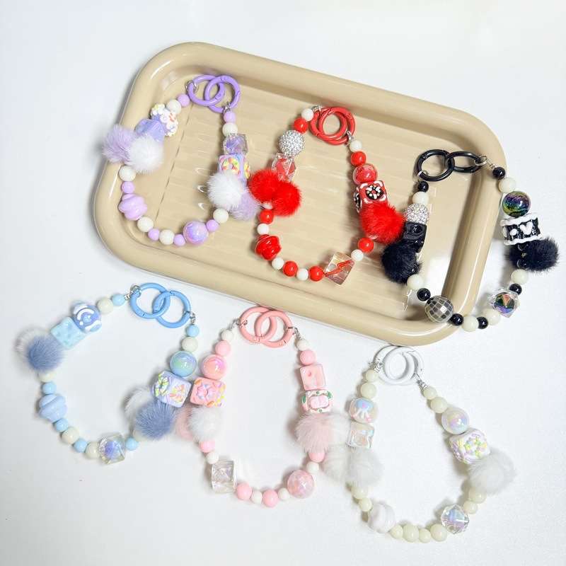 Creative Hand-painted Plush Beaded Mobile Phone Chain Keychain Bag Hanging Accessories Headset Bag Accessories Live Internet Celebrant Knock Cute