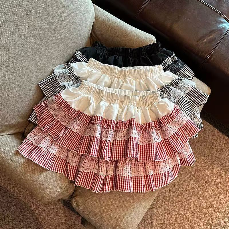Color-Blocked Plaid Lace Splicing Cake Skirt for Women Summer Petite Dopamine Sweet and Stylish High-Waisted Skirt