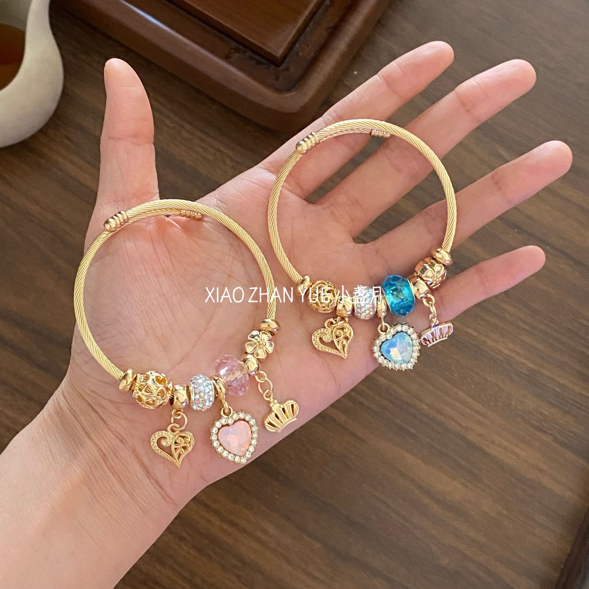 Cross-Border Hot-Selling Panjia Stainless Steel Bracelet for Women, Trendy, Fashionable, Sweet and High-End Rhinestone Love Pendant Beaded Bracelet