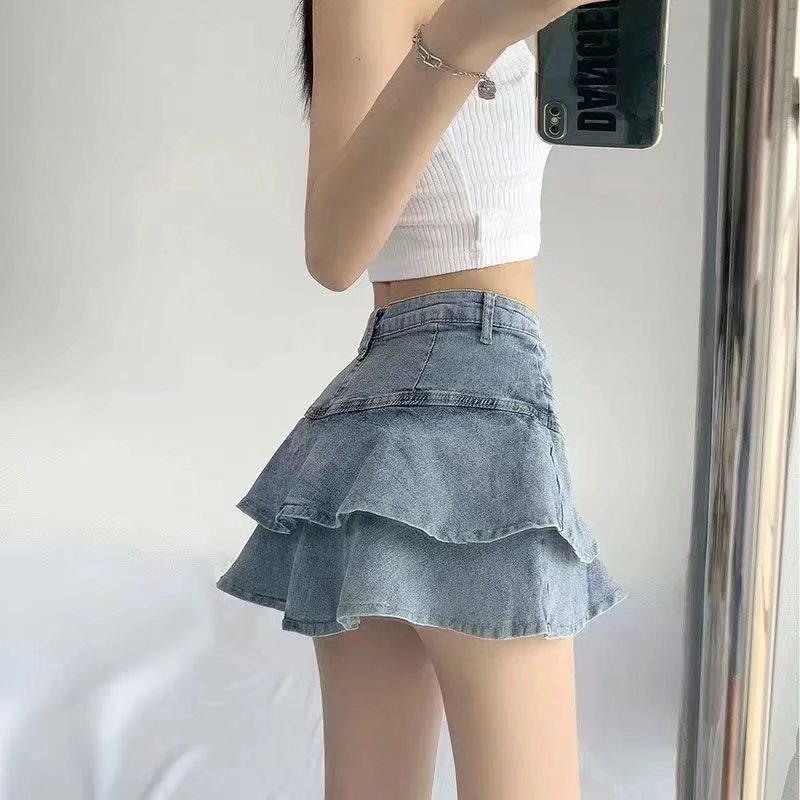High Waist Denim Skirt Women's Summer Double-Layer Lotus Leaf Border Slimming Small A- Line Cake Hip Skirt