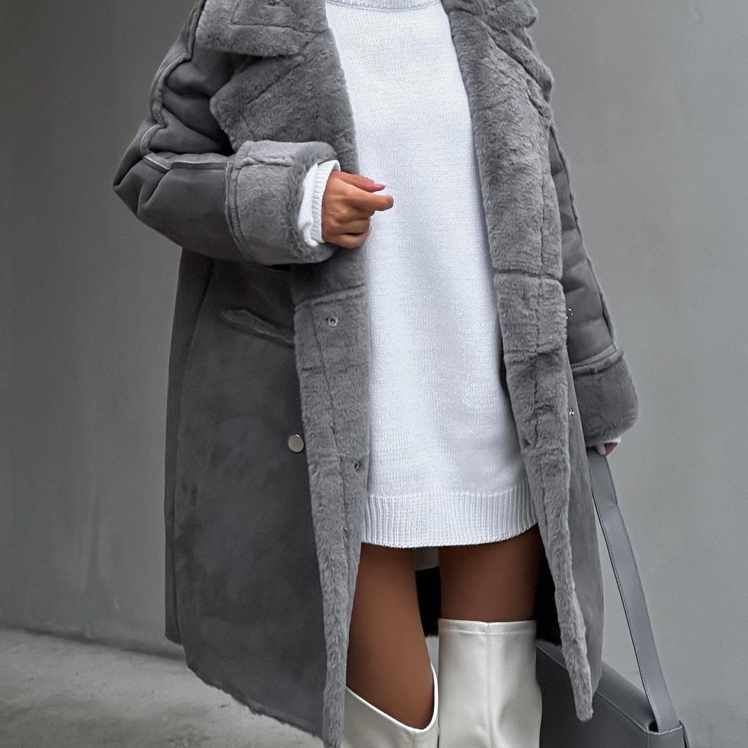 Cross-border winter European and American new Mao Mao suede coat suit collar long cardigan long sleeve plush coat