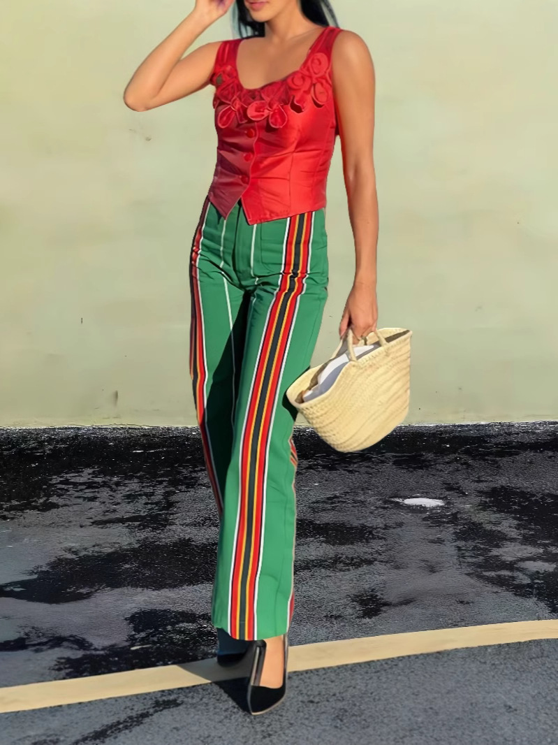 Amazon Europe and the United States foreign trade wholesale 2024 autumn new women's positioning printed striped straight pants women