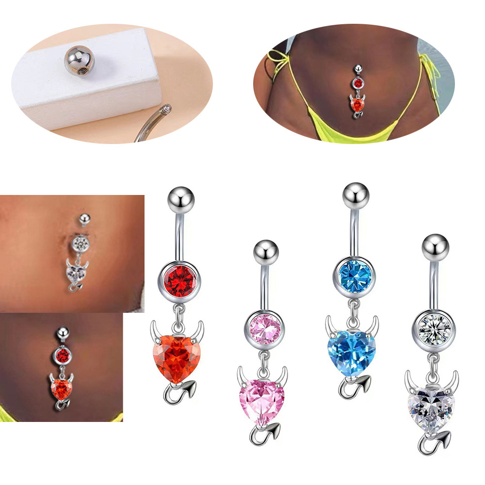 European and American cross-border fashion new stainless steel bag diamond navel ring little devil love zircon navel nail Amazon wholesale