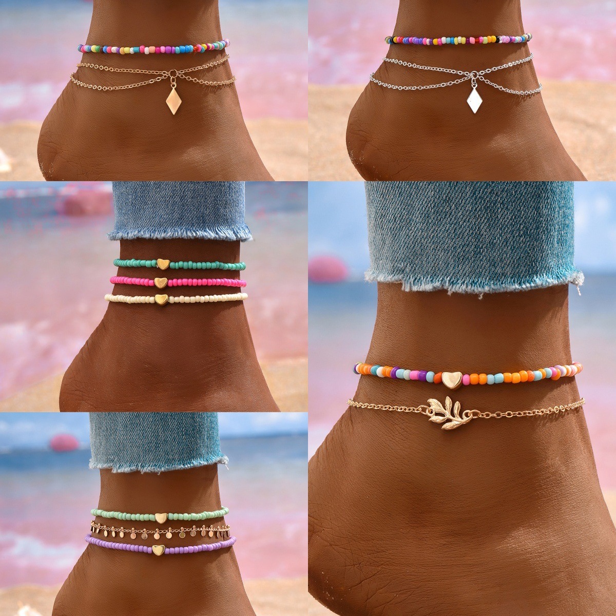 Summer Beach Vacation Simple Peach Heart Leaves Rice Beads Stacked Multi-Piece Set Foot Chain Stretch Fashion Cross-Mirror Foot Decoration