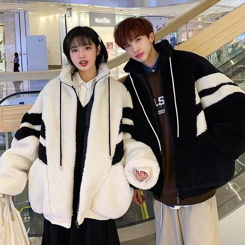 Cross-border Imitation Lamb Fleece Sweater Cardigan Couple's Autumn and Winter Contrast Color Loose Thickened Lazy Style Cotton-padded Jacket for Women