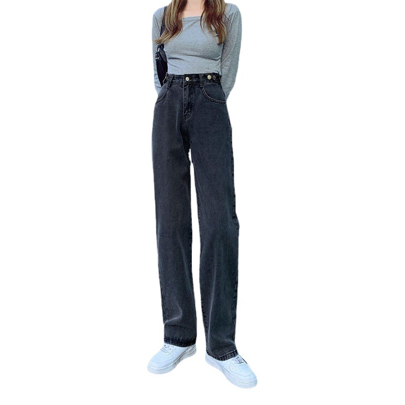Black Grey Wide Leg Jeans Women's Loose New Multi-button Adjustable Straight Tube Slimming High Waist Draped Winter Trousers