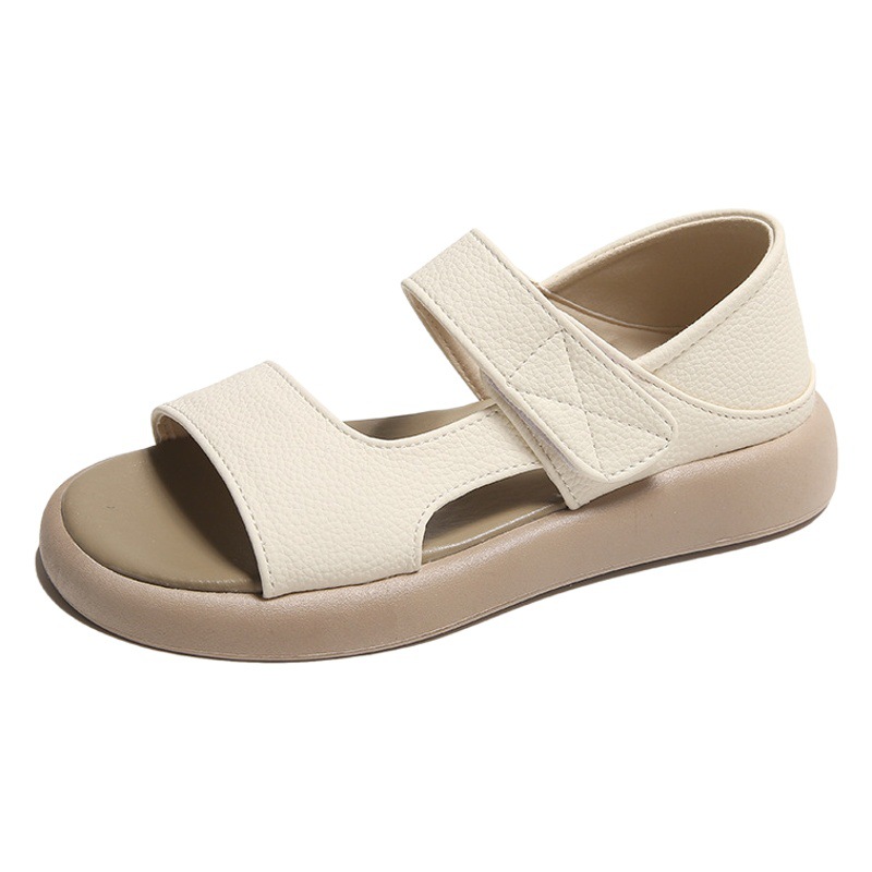 Flat peeple toe sandals women's 2023 summer new hollow breathable Roman shoes plus size velcro thick-soled beach shoes
