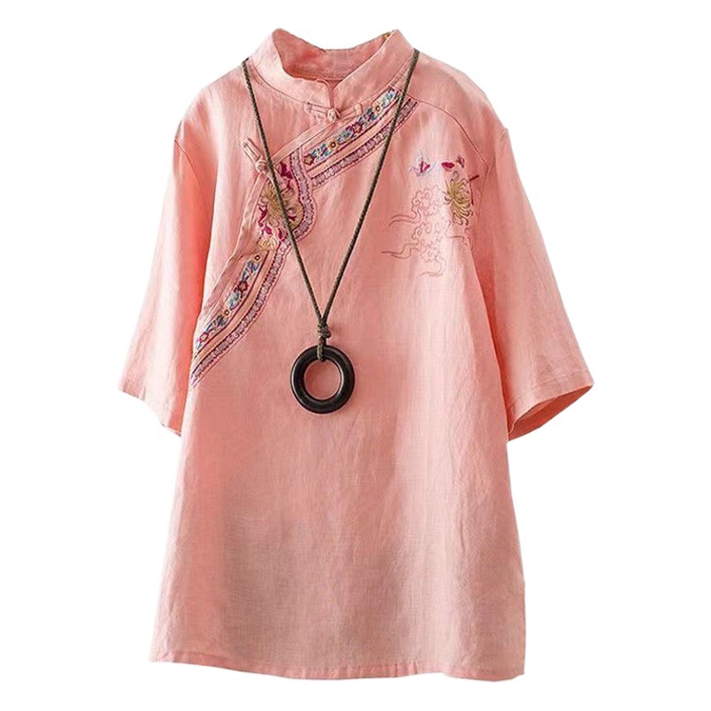 Buckle Embroidered Ethnic Style Shirt Summer Cotton Short-Sleeved Women's Top Loose Cotton and Linen Retro Literary Large Size Shirt