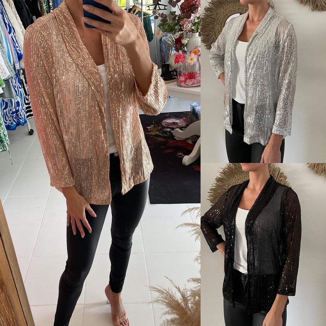 Picture of 2025 Spring New European and American Amazon Sequined Long-Sleeved Elegant Mid-Length Small Suit Lapel Pure Color Jacket for Women