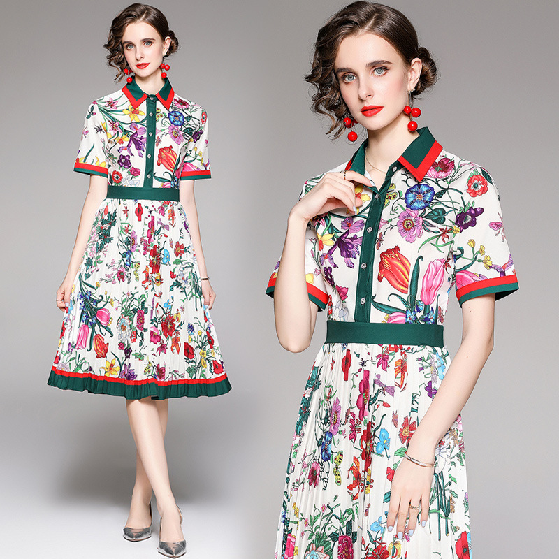 2023 Summer European and American large size women's clothing spot dress European and American fashion all-match waist pleated dress