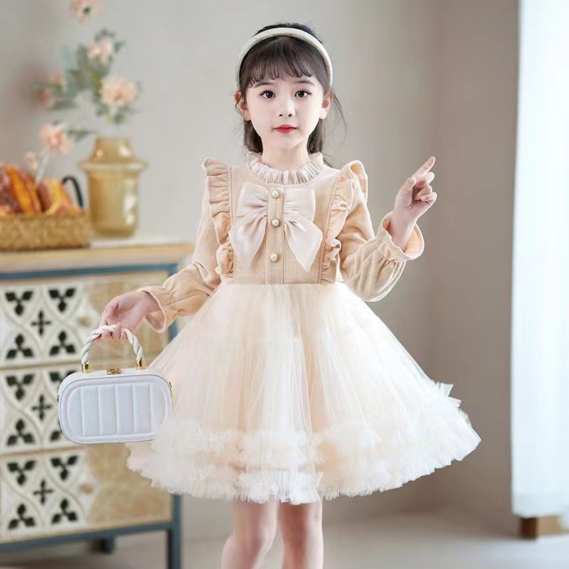 Designed Girls' Long-Sleeved Dress 2024 Autumn and Winter New Style Bow-Knot Fashionable and Sweet First Birthday Cake Dress