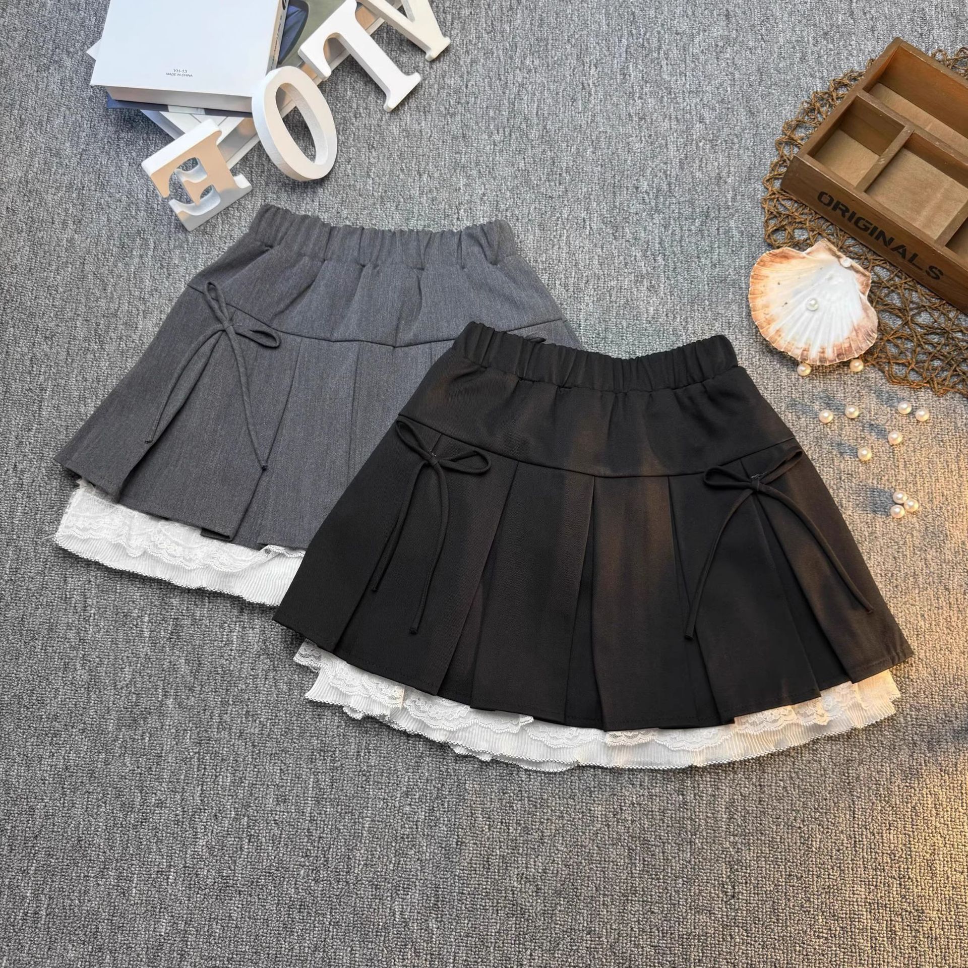 Children's Clothing 2025 Spring & Fall New Girls Korean Style Foreign Style Bow Decorated Lace Pleated Suit Skirt