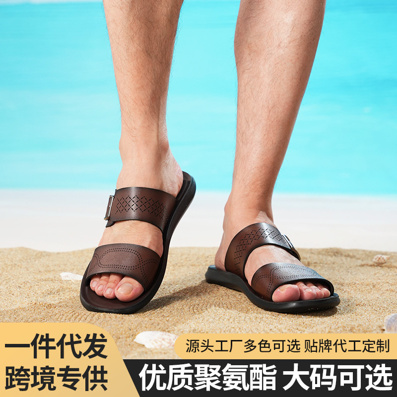 Cross-Border Large Size Men's Buckle Beach Slippers Simple Design Fashionable Non-Slip Source Factory Ready Stock One Piece Direct Delivery